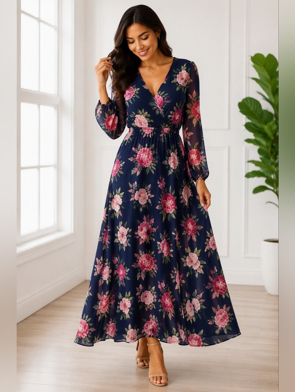 Navy Floral Wrap Maxi Dress